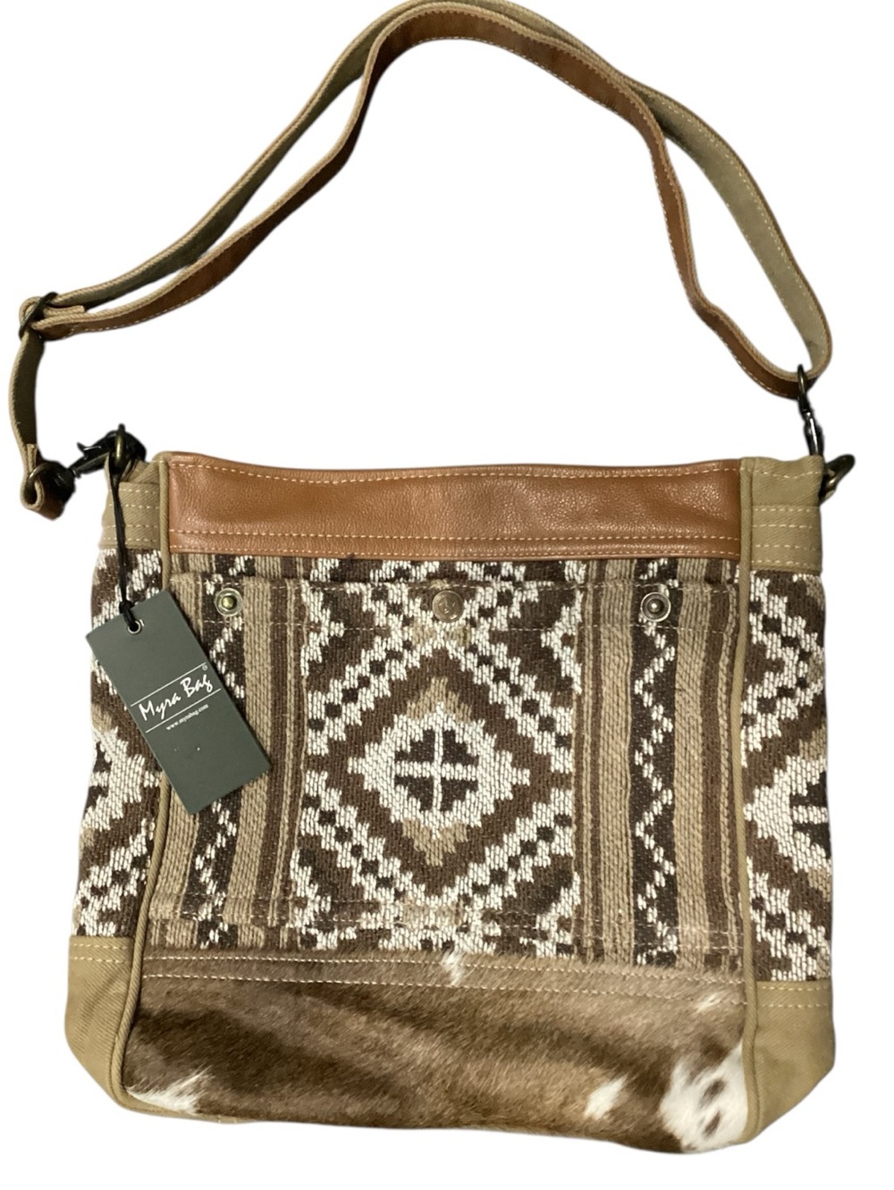 Myra Bag Leather Hair Trim Canvas Woven Crossbody Shoulder Bag Elisa